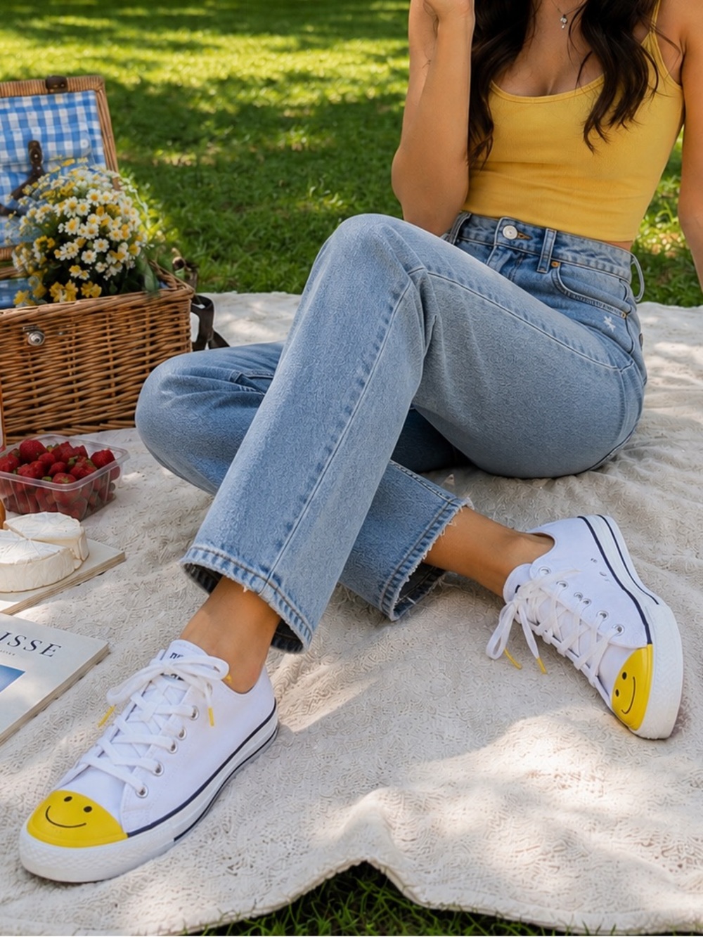 Converse White Sneakers with Yellow Smiley Toe Caps